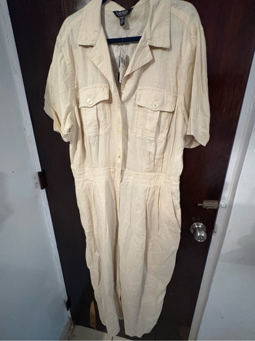 NWT Lauren Ralph Lauren Cream Short-Sleeve Embroided Jumpsuit. Size 20W.
